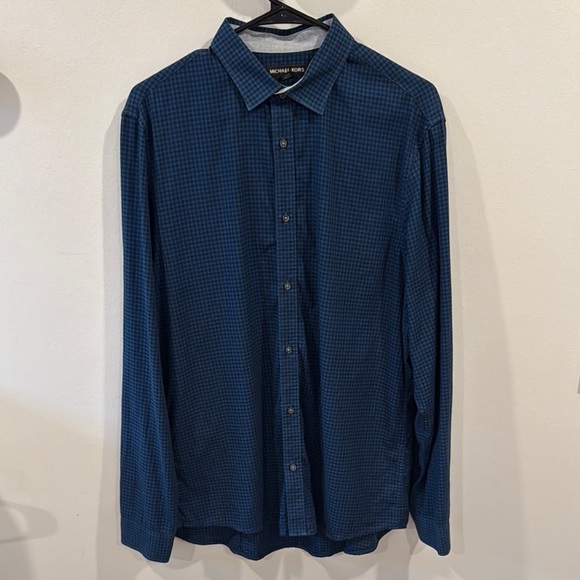 Michael Kors Men’s Blue Black Checkered Slim Fit Button Down Dress Shirt Size L - Picture 2 of 4